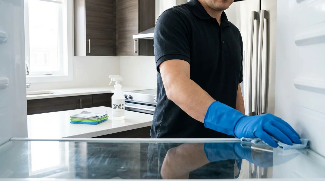 Nettoyage mensuel du réfrigérateur dans une cuisine moderne