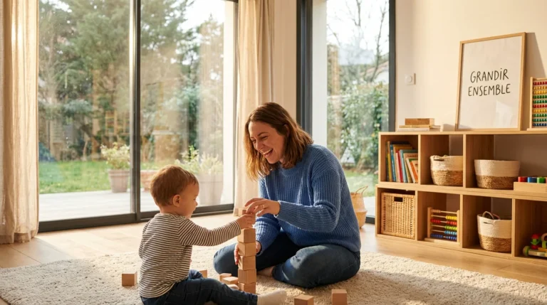 Nounou professionnelle jouant avec un enfant dans un intérieur moderne et lumineux
