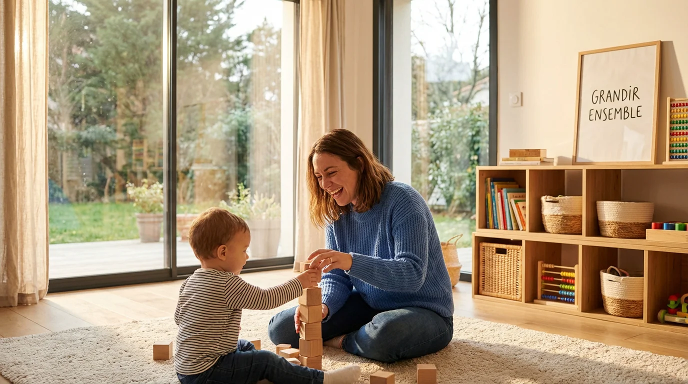 Nounou professionnelle jouant avec un enfant dans un intérieur moderne et lumineux