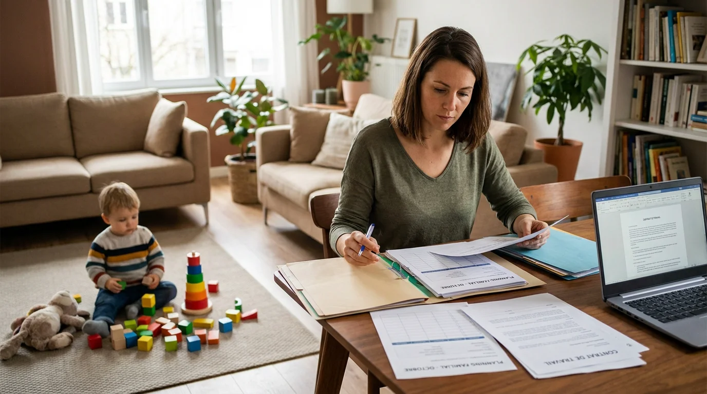 Mère conciliant travail et garde d'enfants dans un salon moderne à Luxembourg