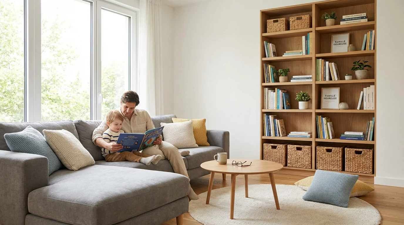 Espace famille chaleureux dans un salon moderne et bien organisé