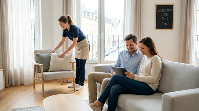 Famille à Luxembourg accueillant une femme de ménage professionnelle dans leur intérieur