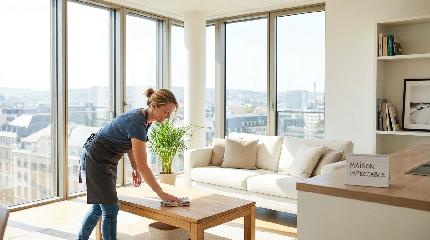 Femme de ménage professionnelle entretenant un intérieur moderne à Luxembourg
