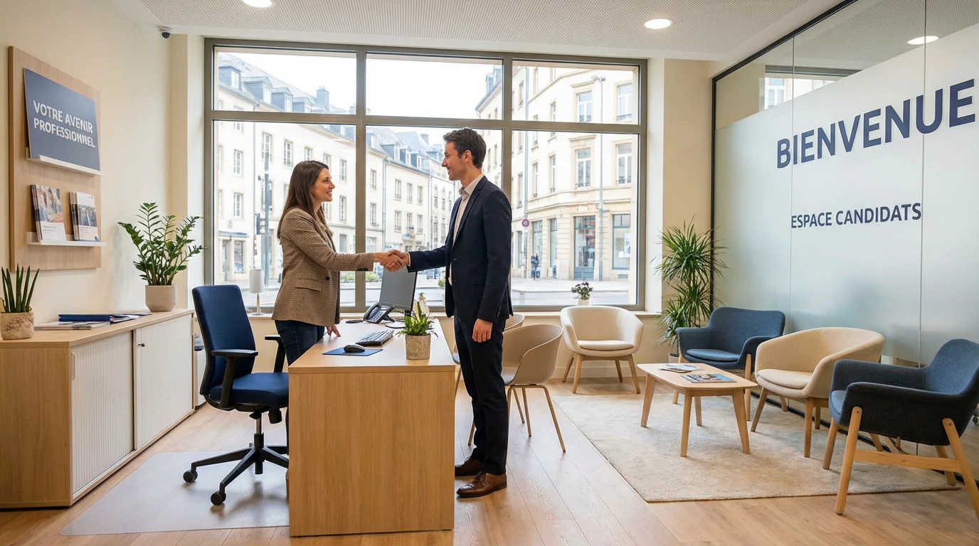 Agence de recrutement à Luxembourg accueillant un candidat dans un cadre professionnel et moderne