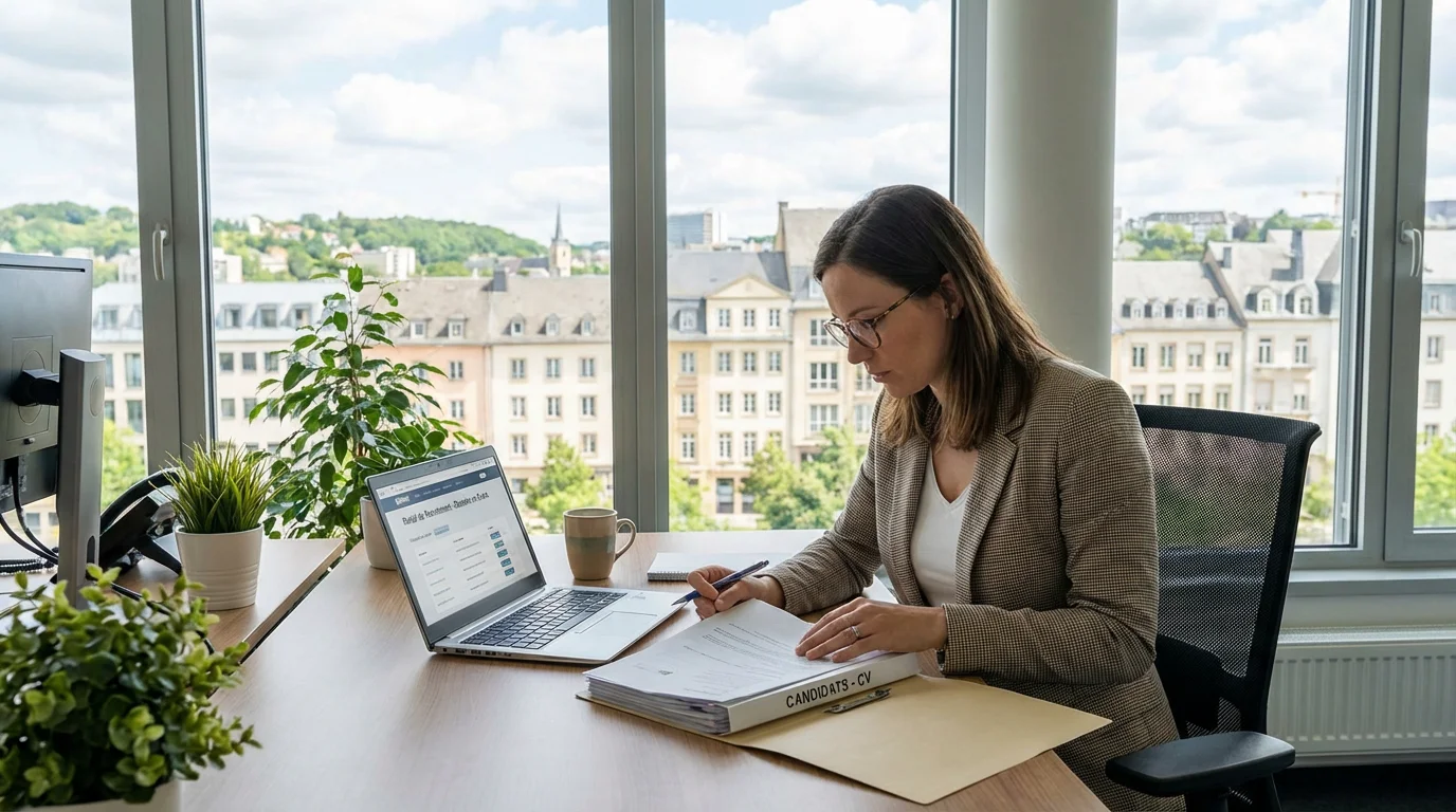 Bureau de recrutement professionnel à Luxembourg avec un consultant examinant des dossiers de candidats
