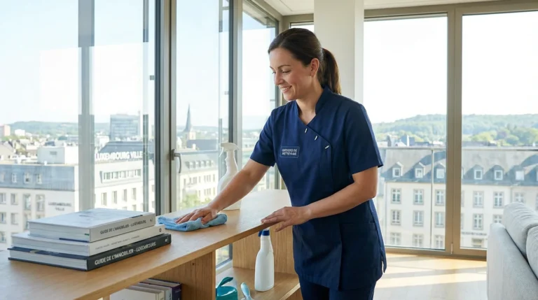 Professionnelle du nettoyage à domicile intervenant dans un appartement moderne à Luxembourg