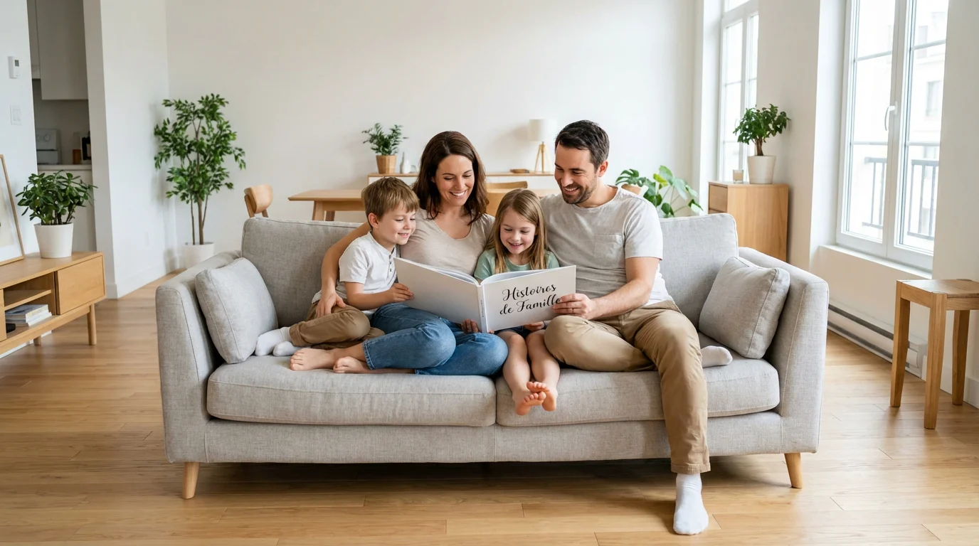 Famille détendue dans un intérieur propre après l'intervention d'une entreprise de nettoyage à domicile