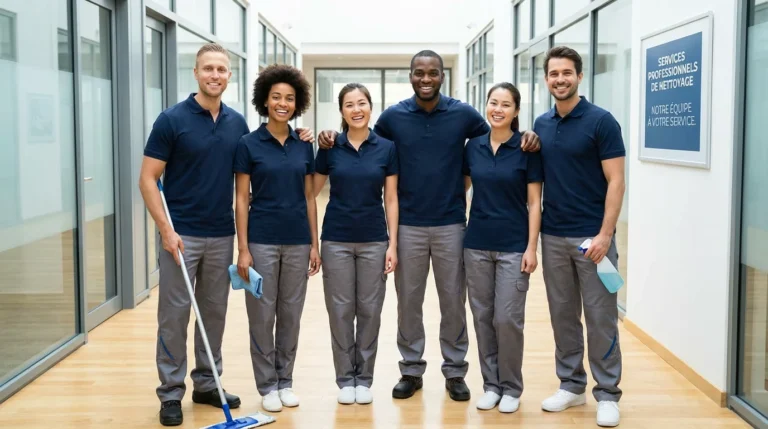 Équipe de professionnels du nettoyage dans un environnement de travail moderne à Luxembourg