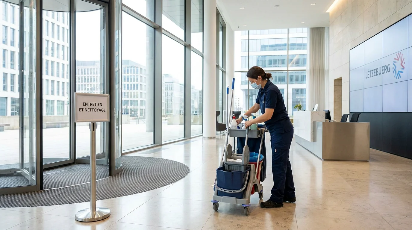 Agent de nettoyage professionnel dans un immeuble de bureaux moderne à Luxembourg
