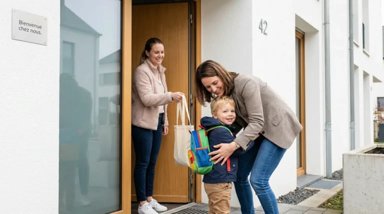 Mère accueillant sa nounou à domicile devant une maison luxembourgeoise