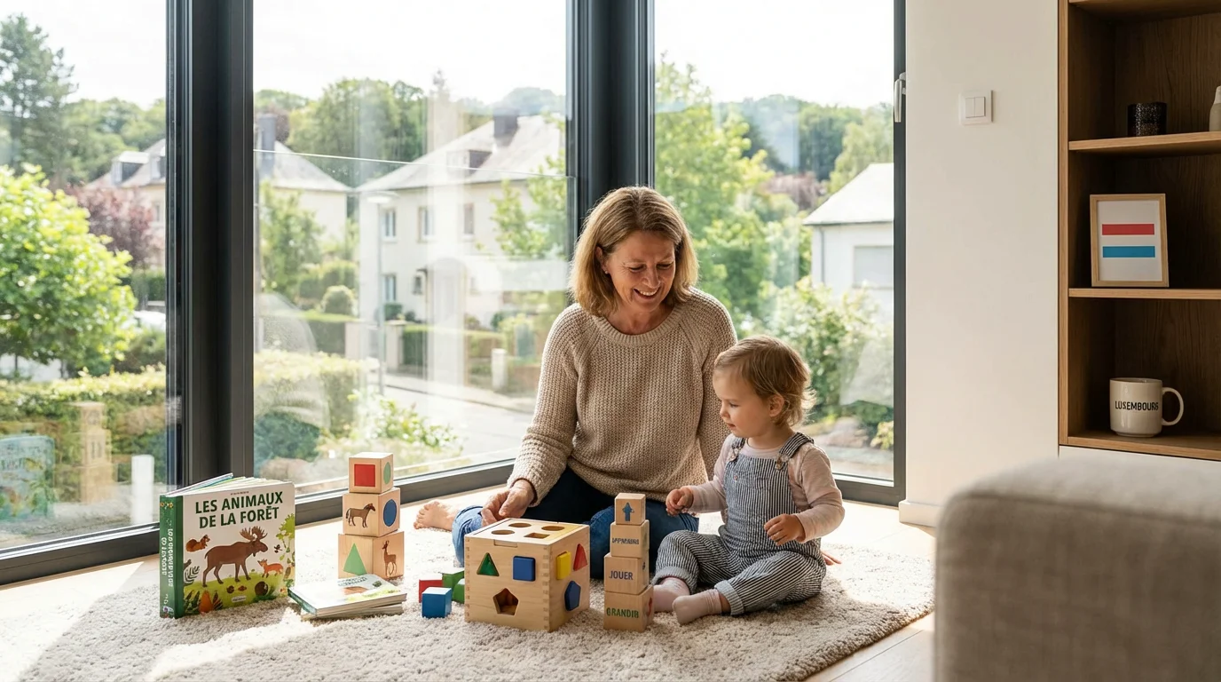 Nounou jouant avec un enfant dans un salon lumineux à domicile