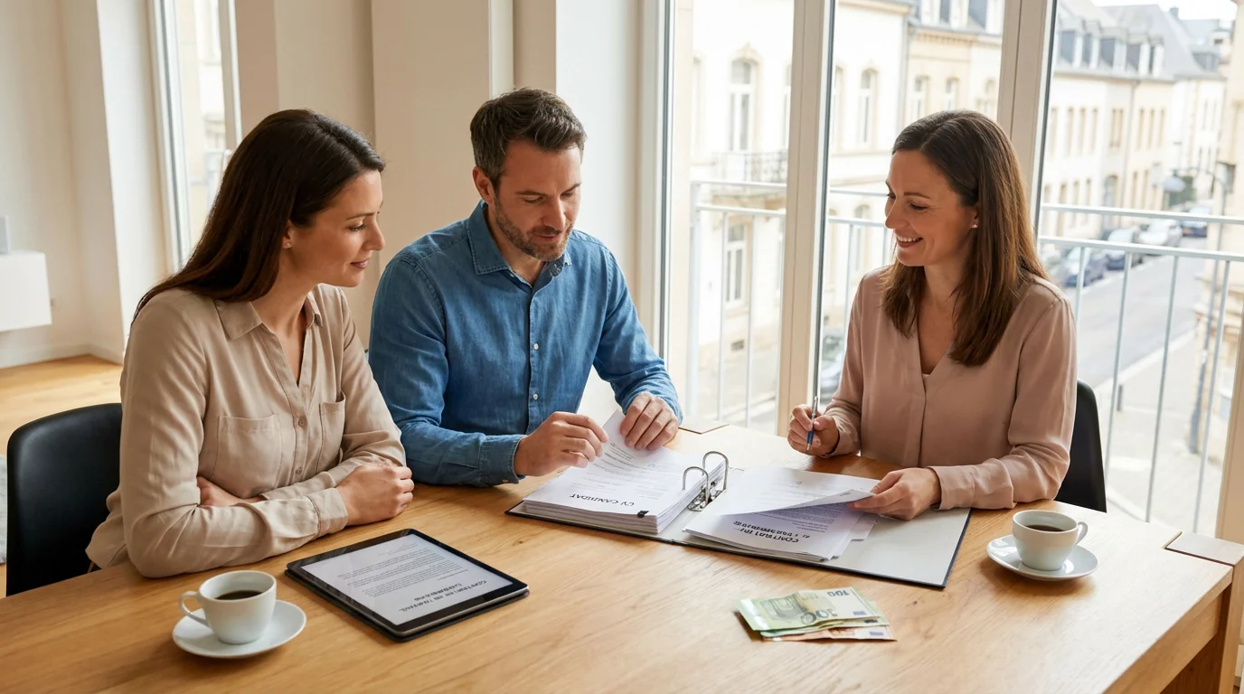 Parents interviewant une candidate nounou à domicile dans leur salon