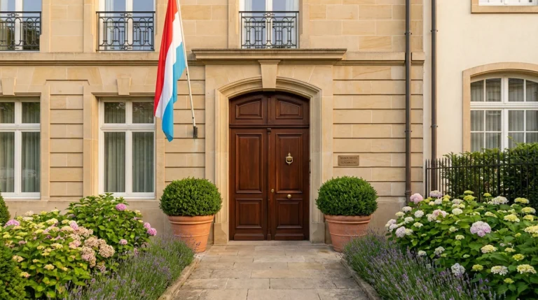 Entrée élégante d'une résidence au Luxembourg évoquant le service de gouvernante de maison