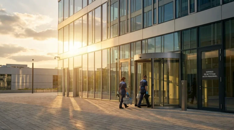 Professionnels du nettoyage entrant dans un immeuble de bureaux moderne à Luxembourg au petit matin