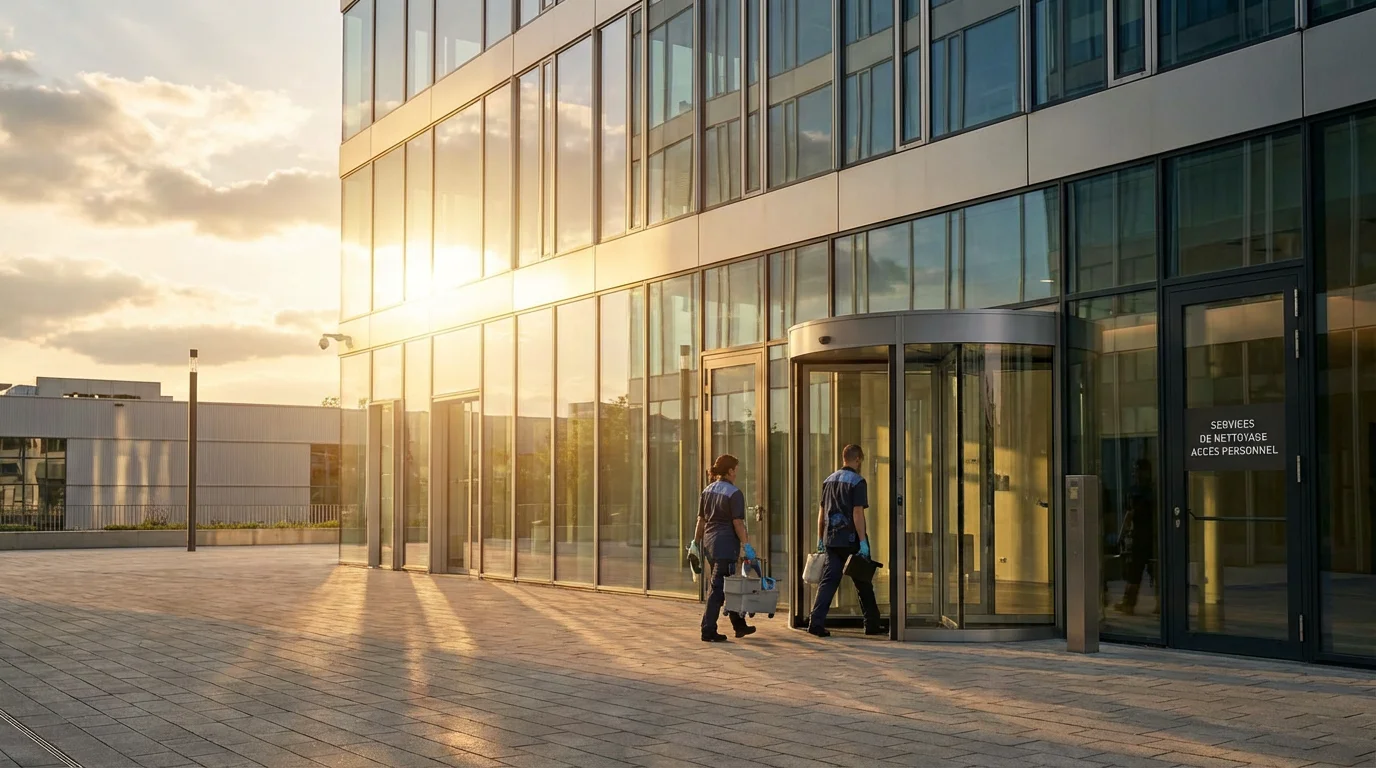 Professionnels du nettoyage entrant dans un immeuble de bureaux moderne à Luxembourg au petit matin