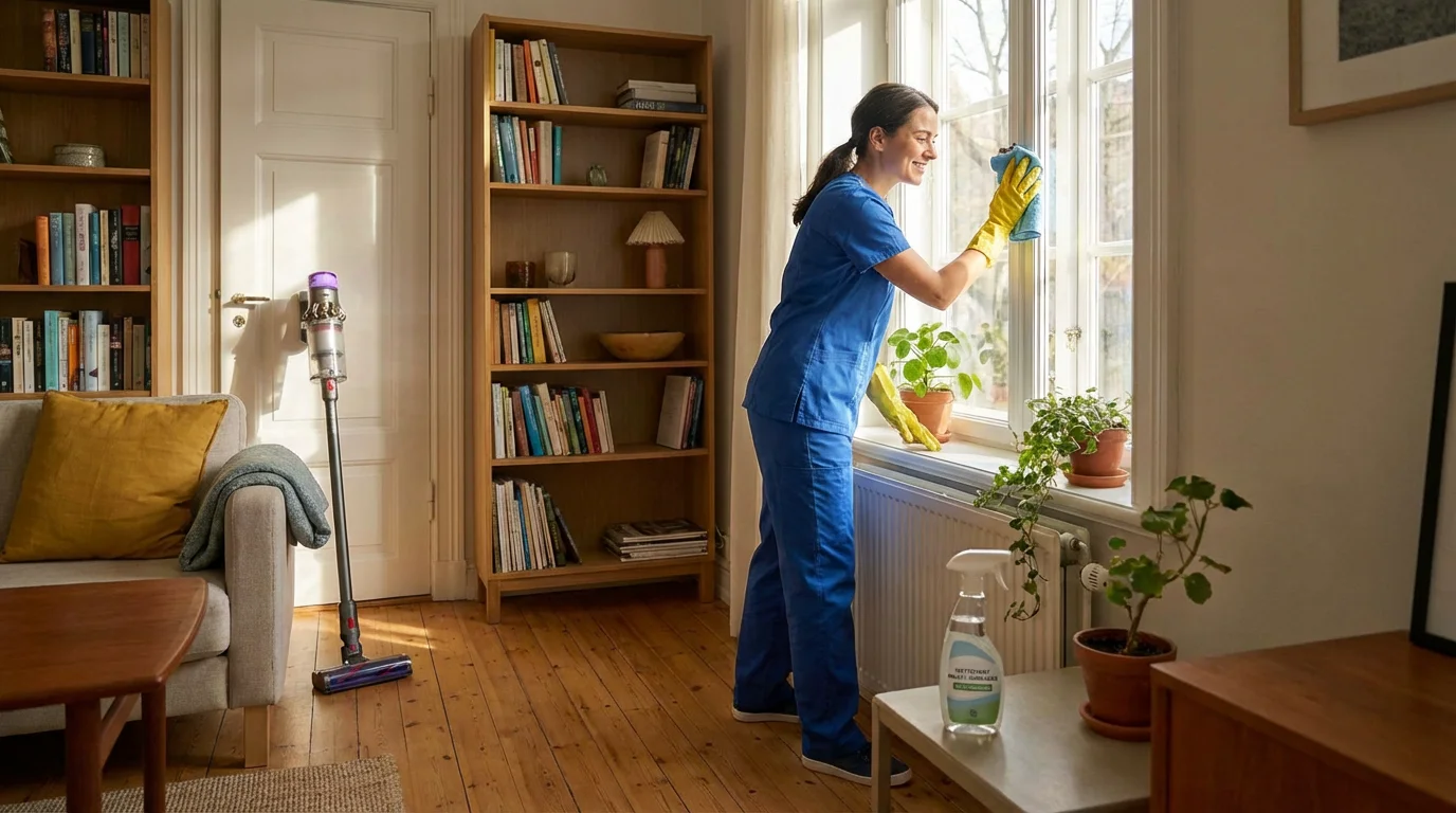 Agent de nettoyage professionnel utilisant du matériel moderne dans un intérieur résidentiel lumineux