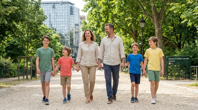 Famille nombreuse se promenant dans un parc verdoyant à Luxembourg