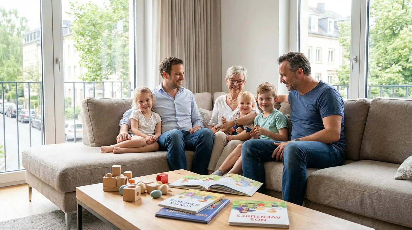 Famille nombreuse réunie dans un salon lumineux à Luxembourg
