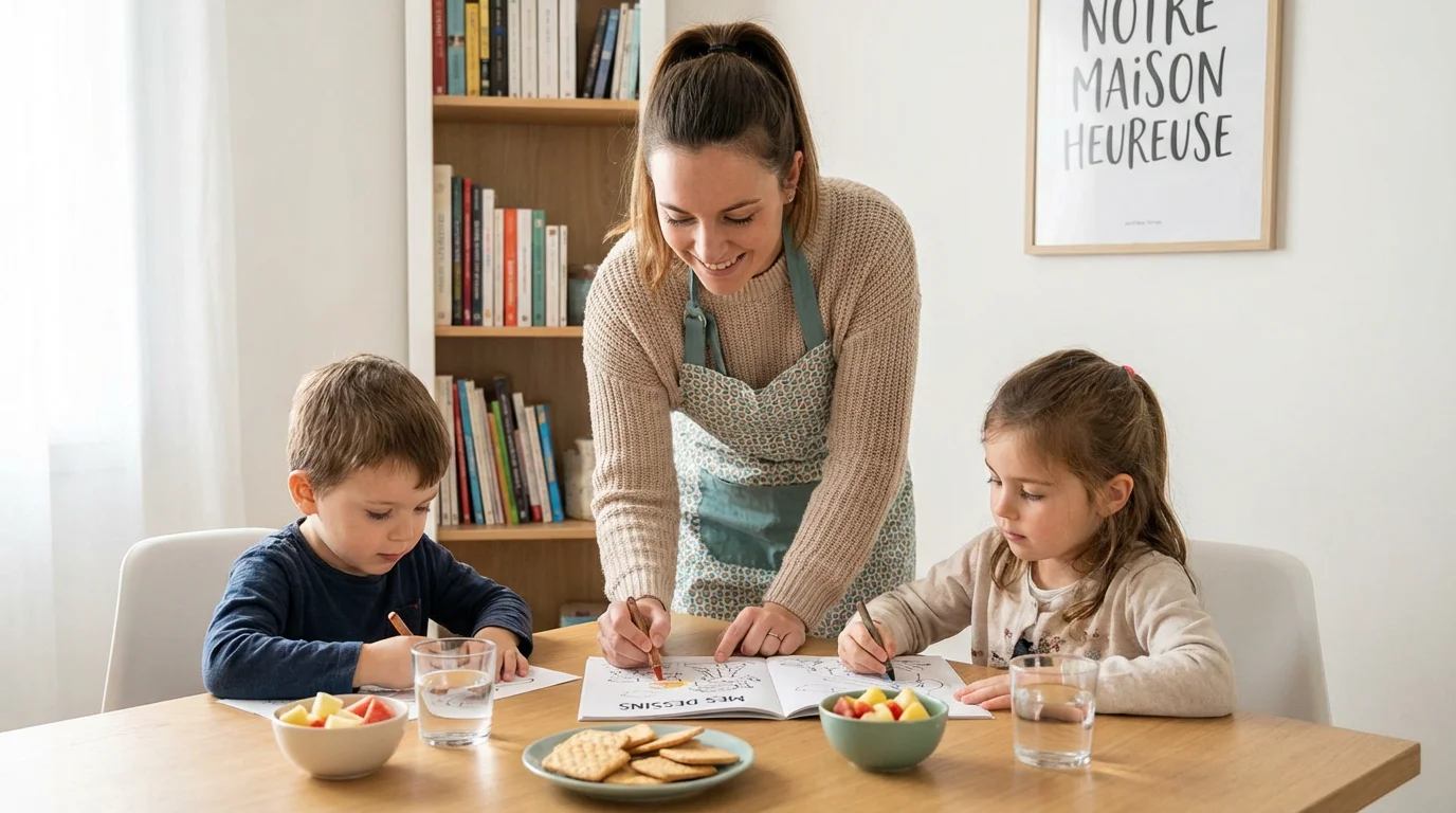 Aide à domicile accompagnant des enfants dans une maison familiale organisée
