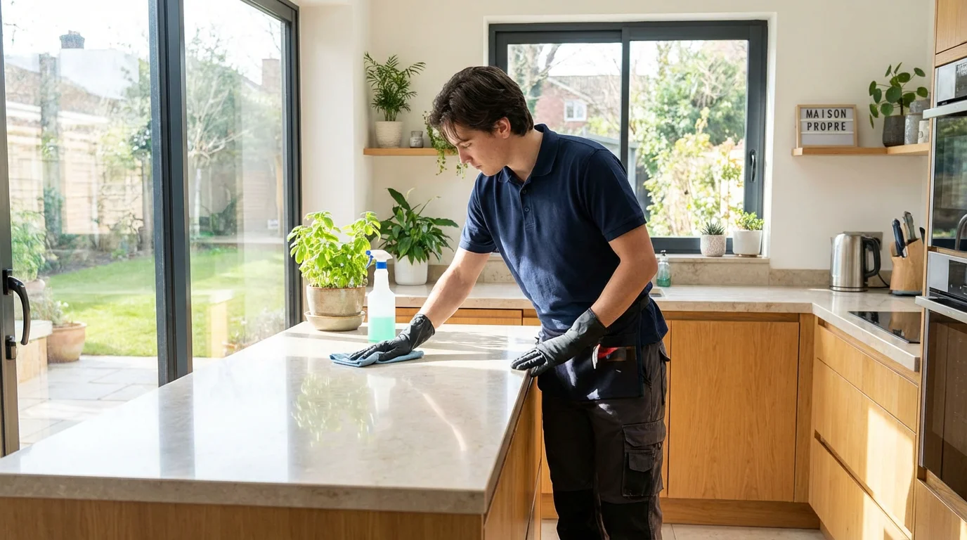 Professionnelle du nettoyage entretenant la cuisine d'une maison particulière