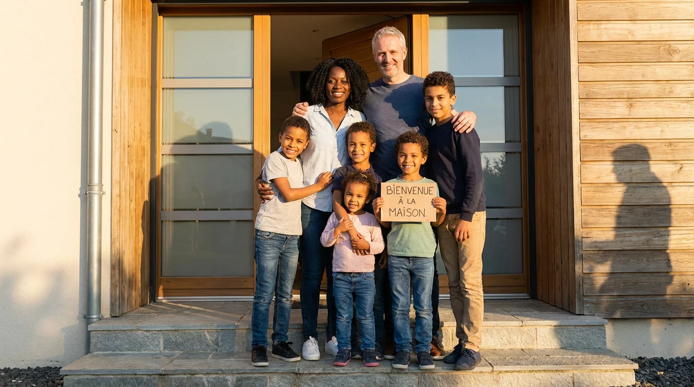 Famille recomposée heureuse devant leur maison