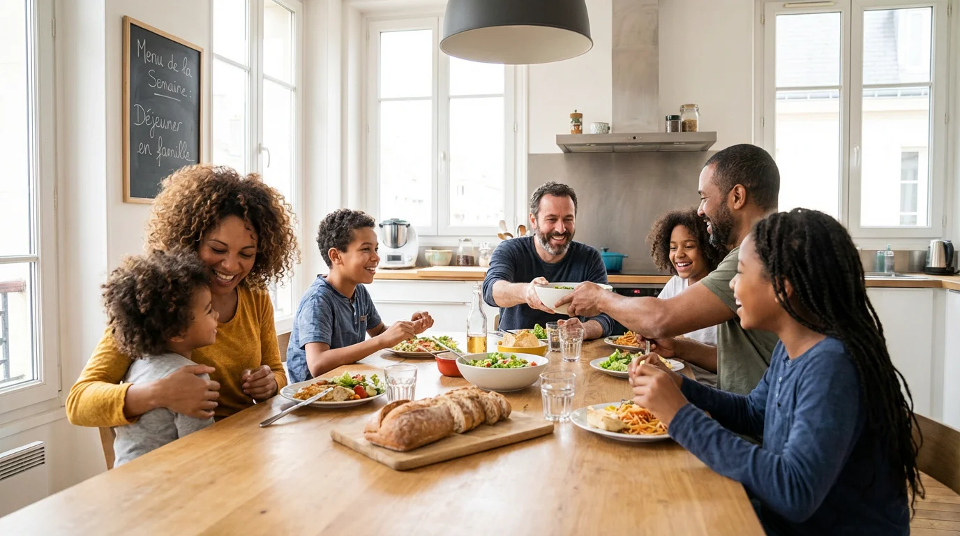 Famille recomposée partageant un repas convivial autour de la table