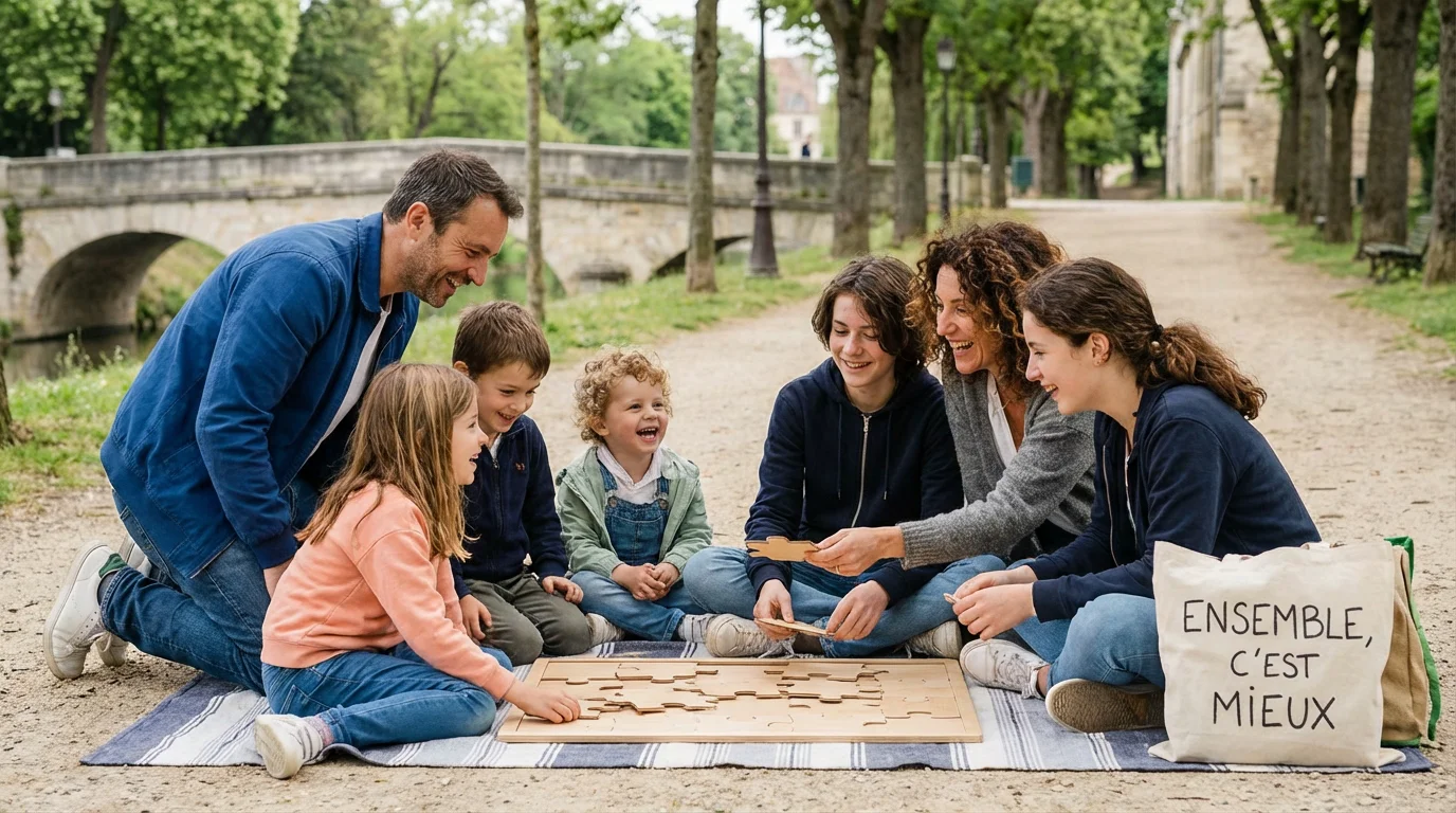 Famille recomposée partageant un moment de détente en extérieur