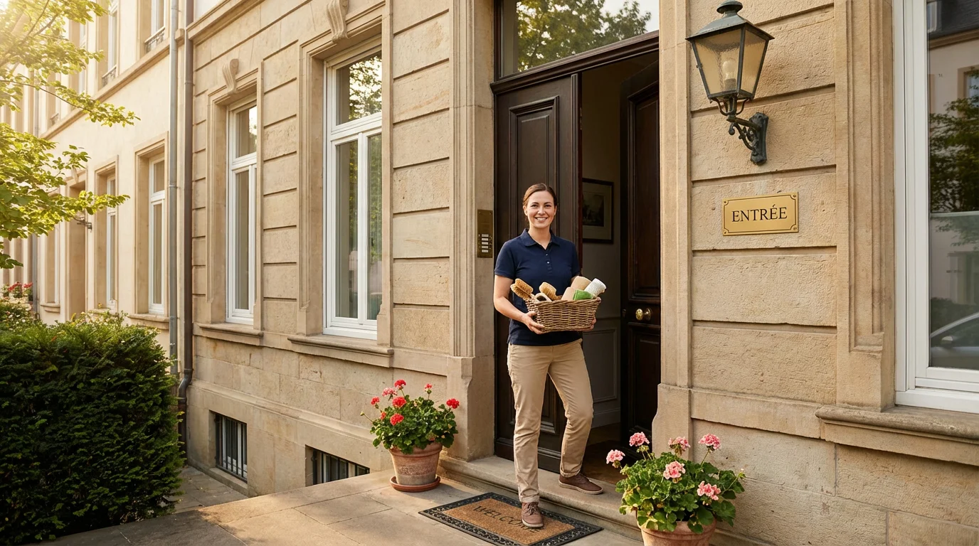 Personnel de maison accueillant à l'entrée d'une résidence au Luxembourg