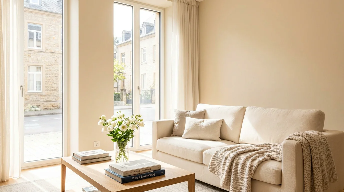 Salon lumineux et propre dans un logement au Luxembourg après nettoyage professionnel