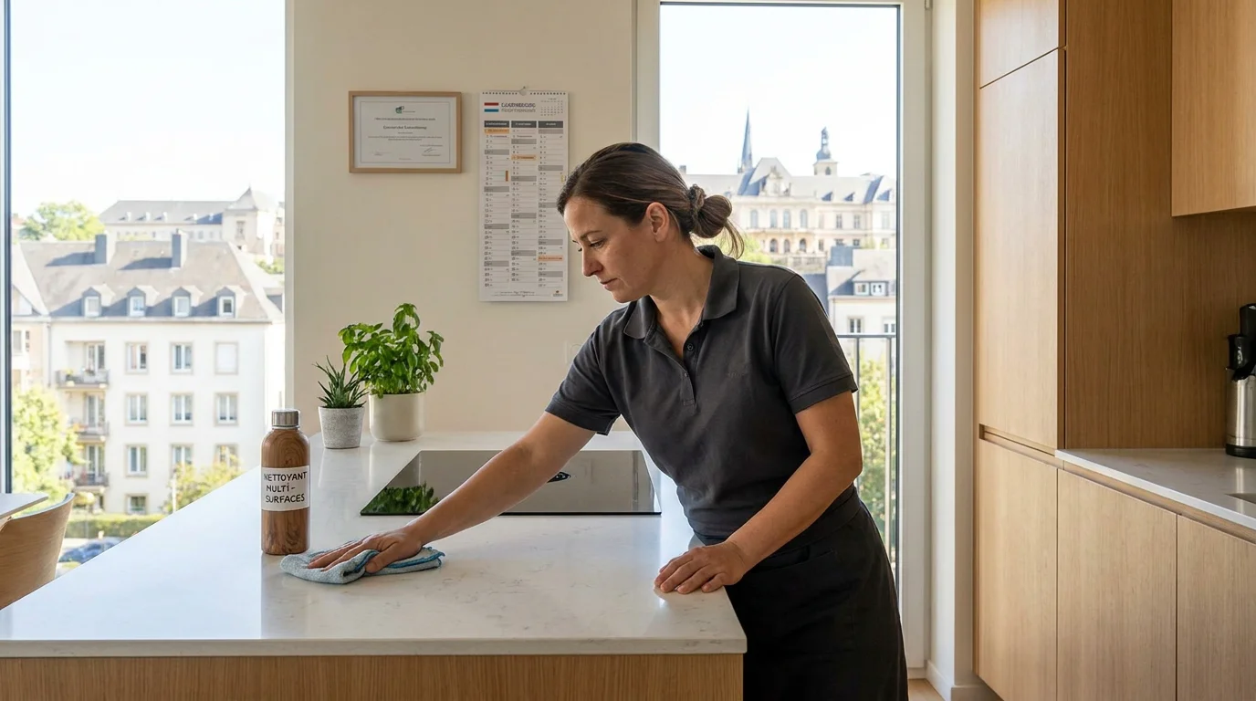 Agent de nettoyage professionnel en intervention dans un appartement moderne au Luxembourg