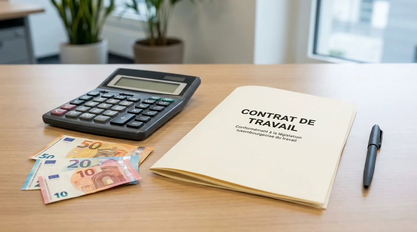 Calculatrice, billets en euros et contrat de travail sur un bureau pour le calcul du salaire d'un employé de maison