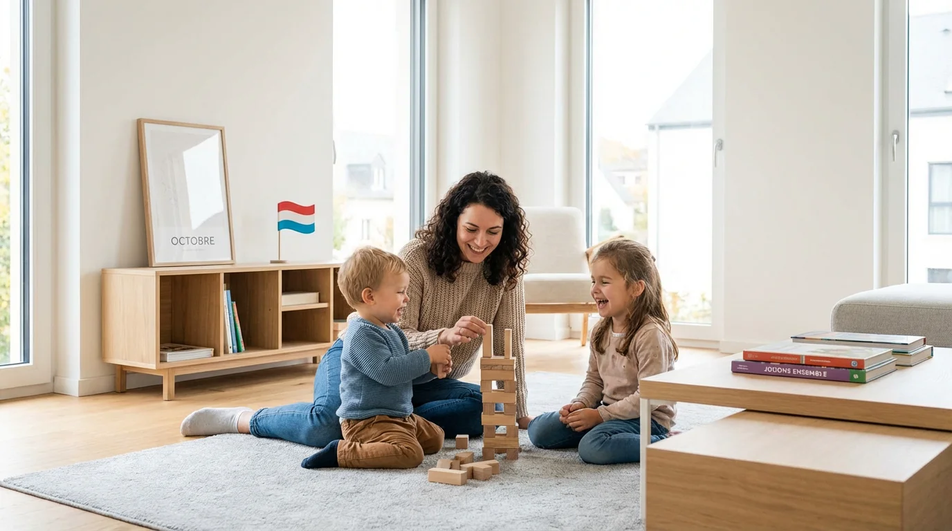 Nanny européenne jouant avec des enfants dans un intérieur luxembourgeois