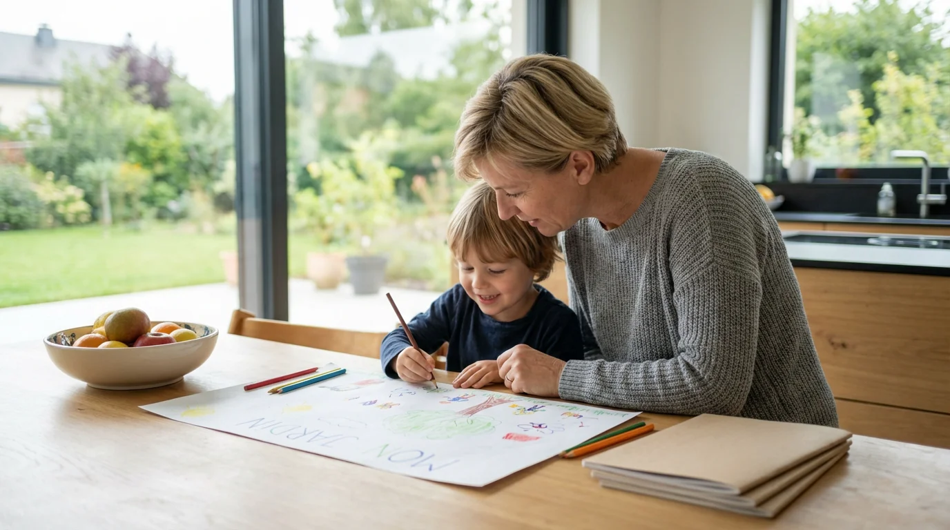 Nanny aidant un enfant à dessiner dans une cuisine luxembourgeoise