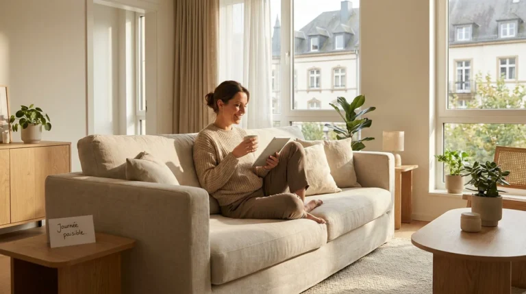 Femme se relaxant dans un intérieur impeccable à Luxembourg grâce à un service de nettoyage à domicile
