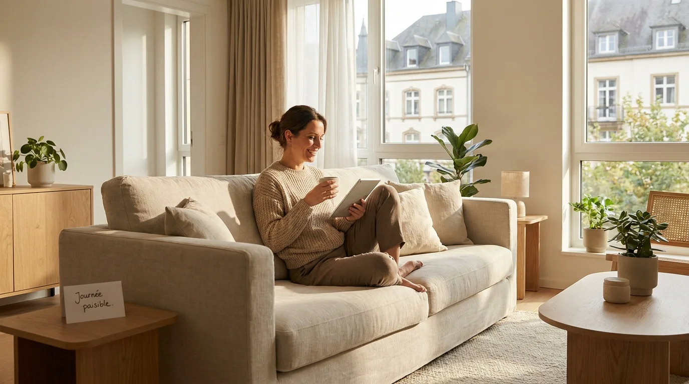 Femme se relaxant dans un intérieur impeccable à Luxembourg grâce à un service de nettoyage à domicile