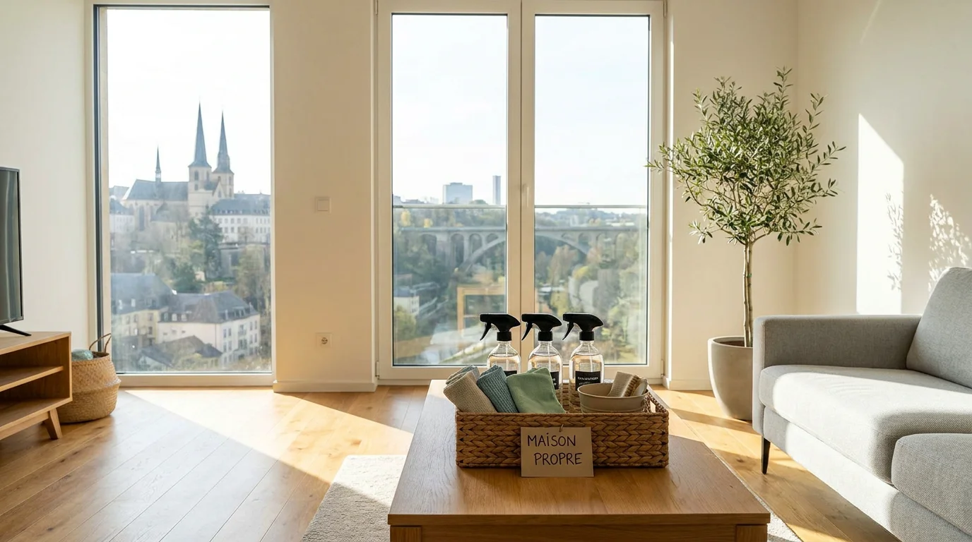 Salon lumineux et ordonné à Luxembourg avec produits de nettoyage professionnels