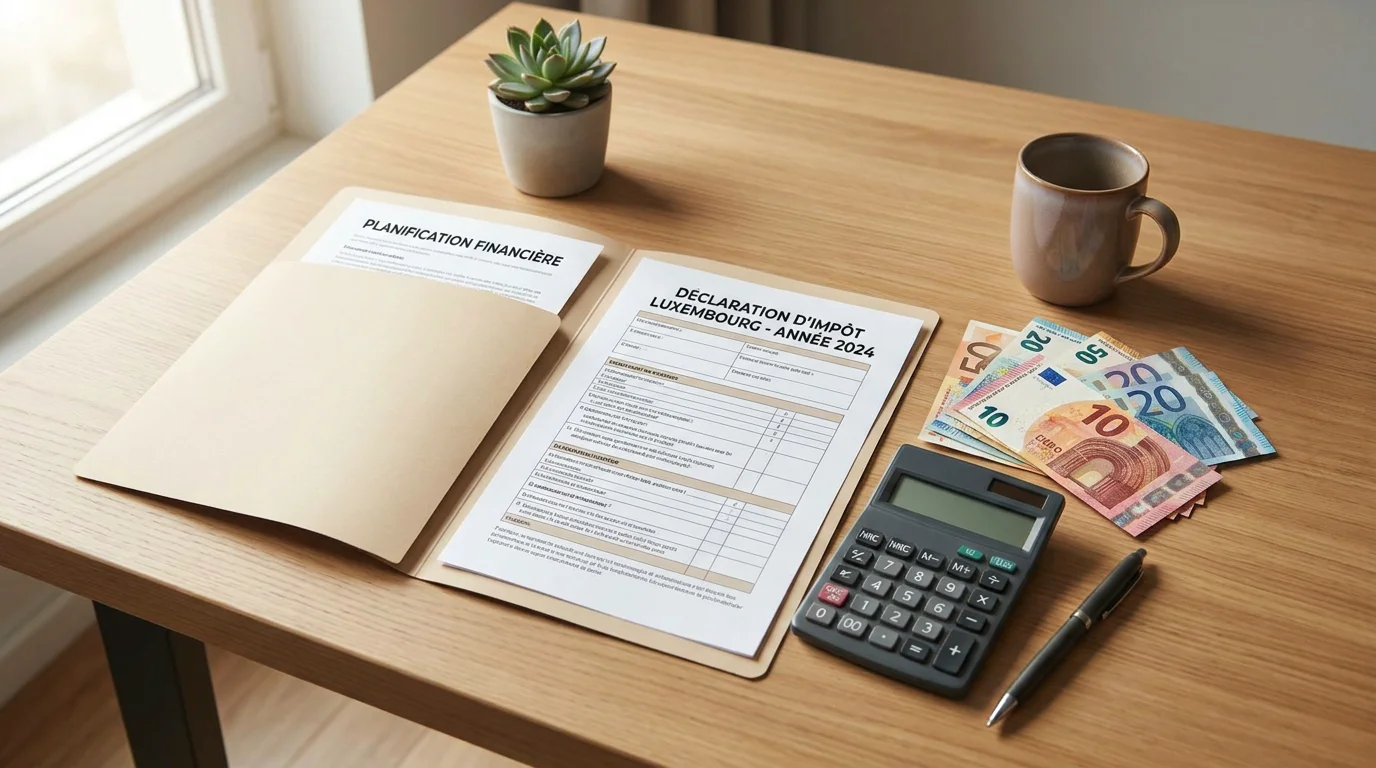 Documents fiscaux et calculatrice sur un bureau à Luxembourg pour abattement domesticité