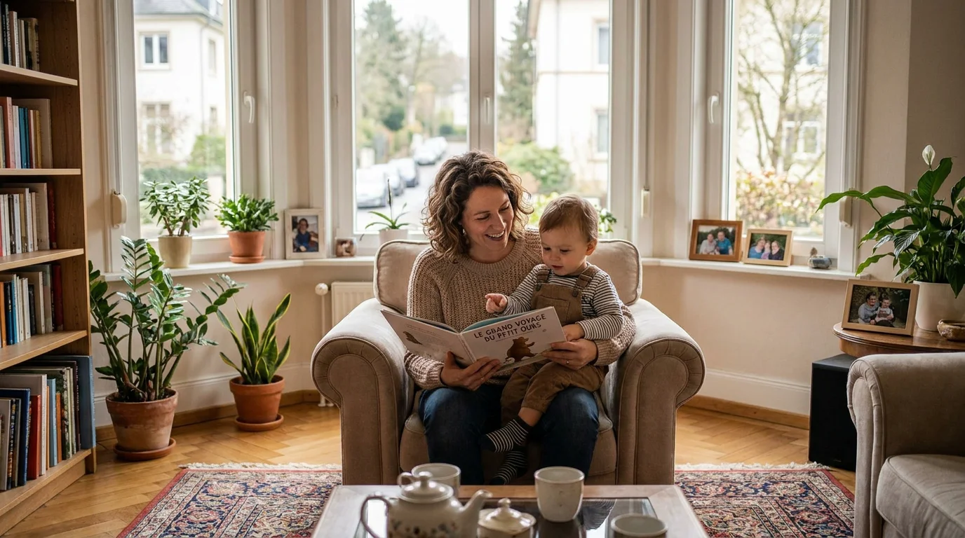 Nounou lisant une histoire à un enfant dans un intérieur chaleureux au Luxembourg