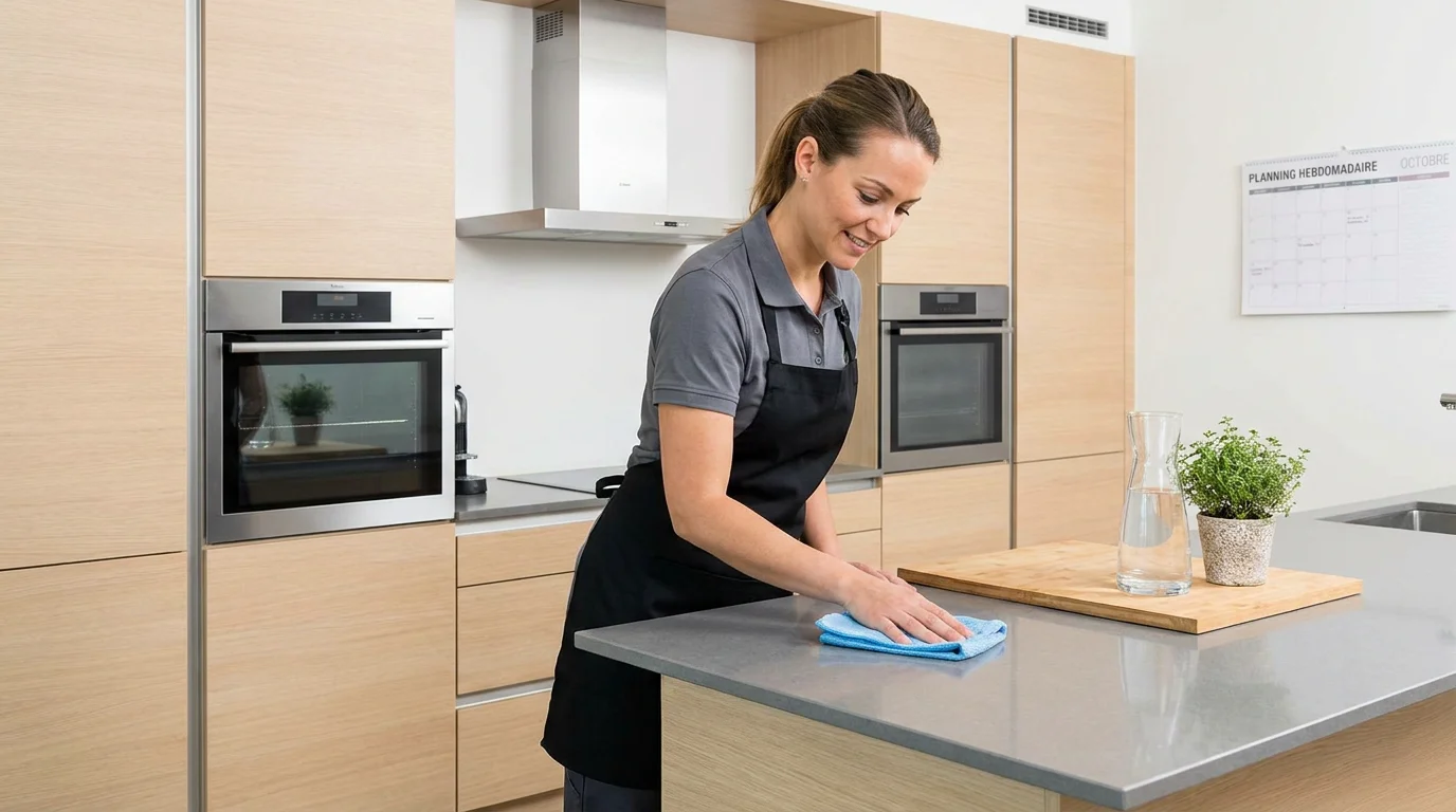 Aide ménagère professionnelle nettoyant une cuisine moderne à Luxembourg