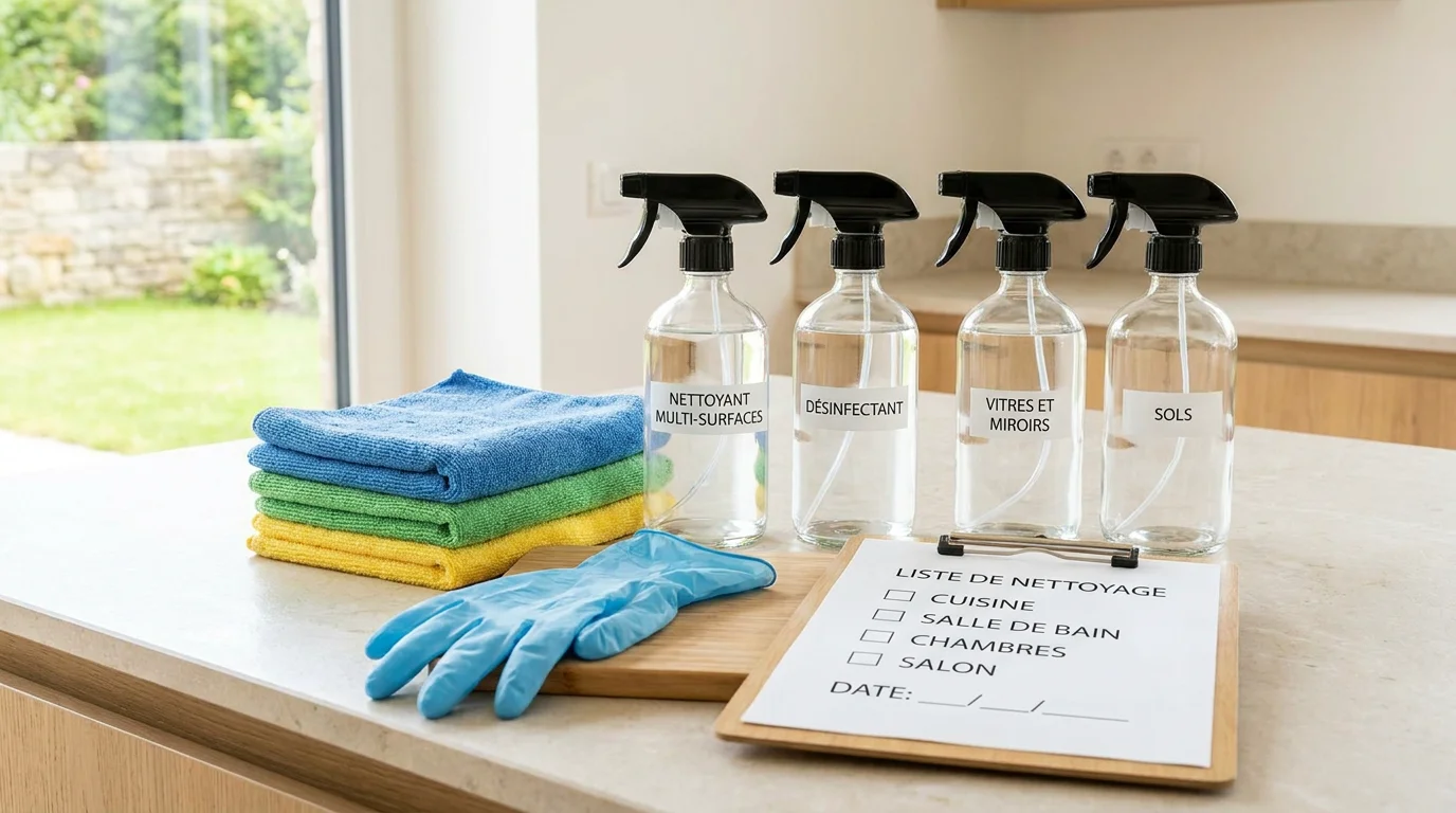 Produits de nettoyage organisés sur un plan de travail pour illustrer les compétences ménagères
