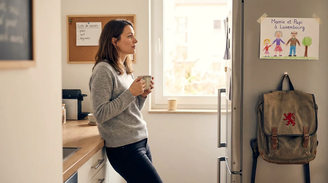 Femme pensive dans sa cuisine, symbolisant le poids invisible de la charge mentale au quotidien