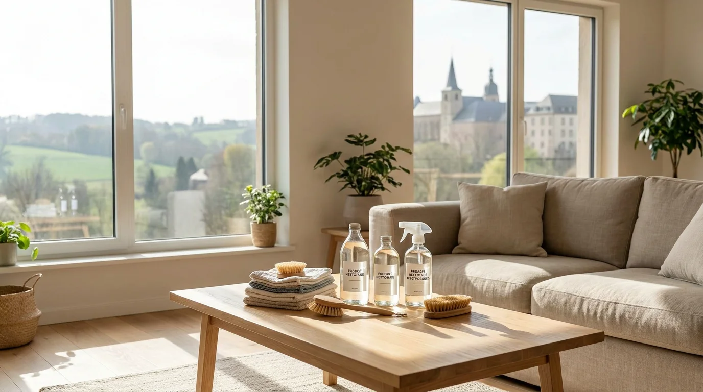 Intérieur lumineux et moderne à Luxembourg avec produits d'entretien sur une table