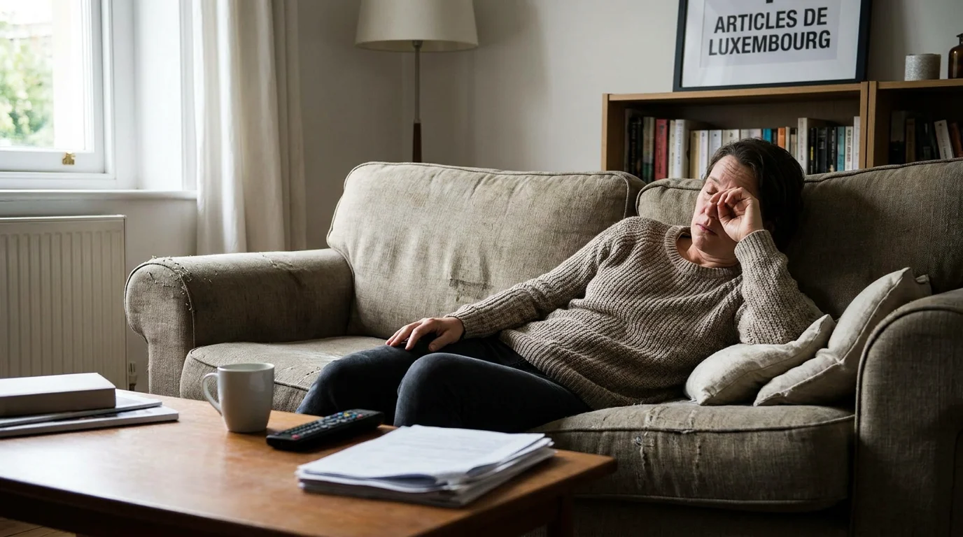 Personne fatiguée dans un salon désordonné illustrant le besoin d'aide ménagère