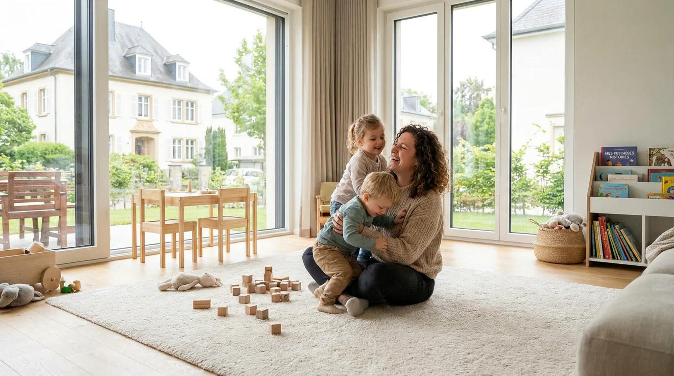 Nounou jouant avec des enfants dans un salon lumineux au Luxembourg