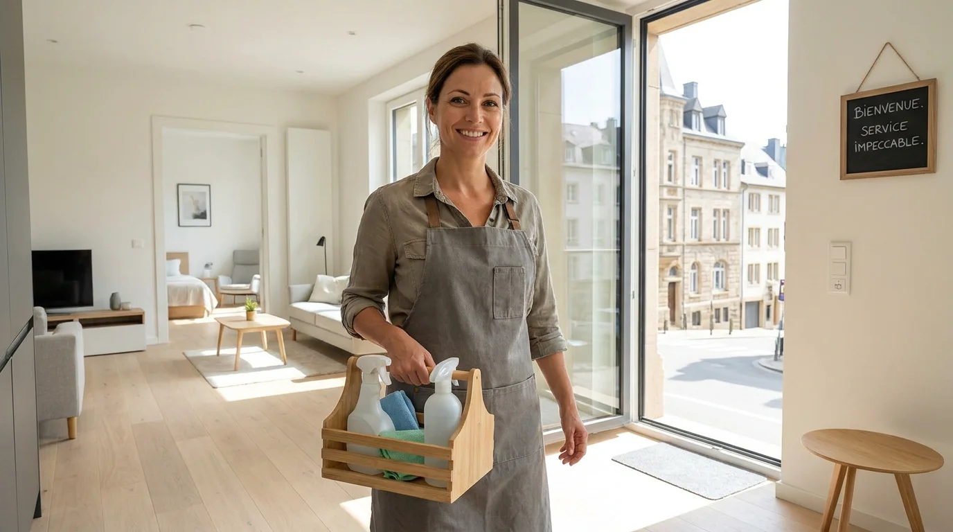 Femme de ménage professionnelle à l'entrée d'un appartement moderne au Luxembourg