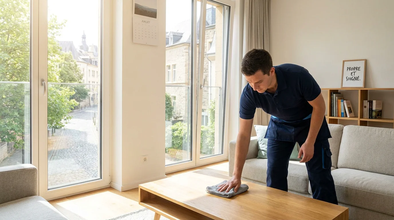 Aide ménagère nettoyant un salon lumineux dans un appartement au Luxembourg