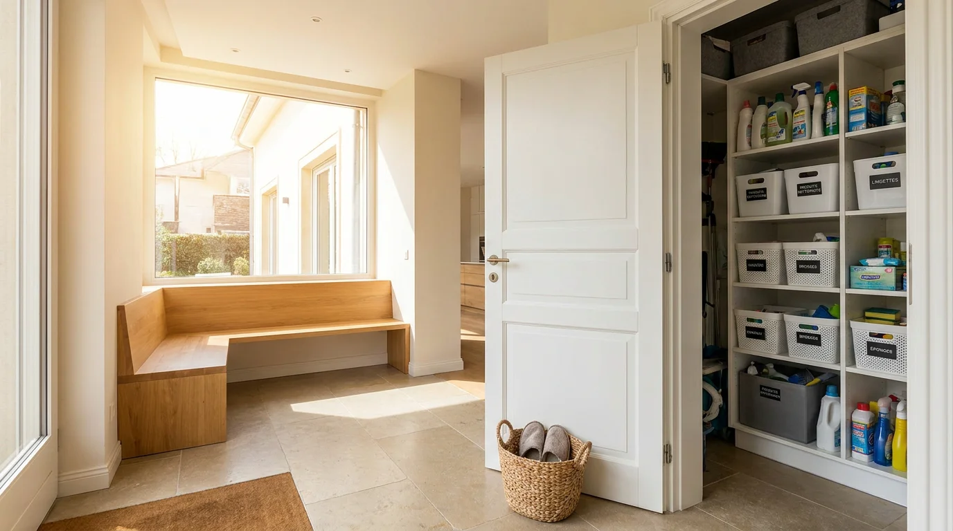 Entrée lumineuse d'une maison au Luxembourg avec rangement de produits ménagers