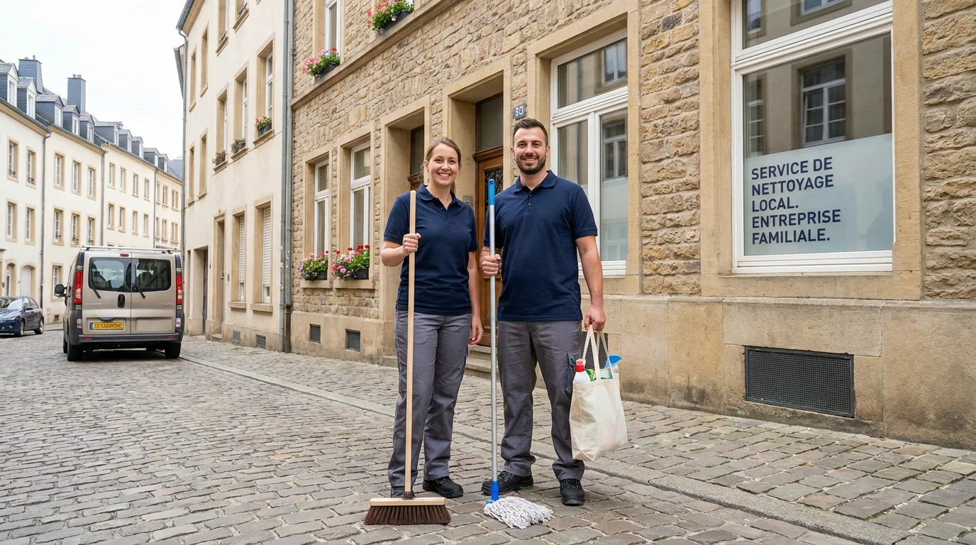 Équipe de nettoyage professionnelle devant un immeuble résidentiel au Luxembourg