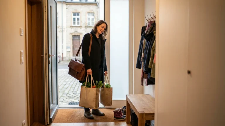 Parent rentrant à la maison après le travail, symbolisant la transition entre vie professionnelle et vie familiale