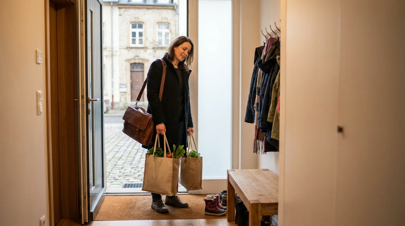 Parent rentrant à la maison après le travail, symbolisant la transition entre vie professionnelle et vie familiale